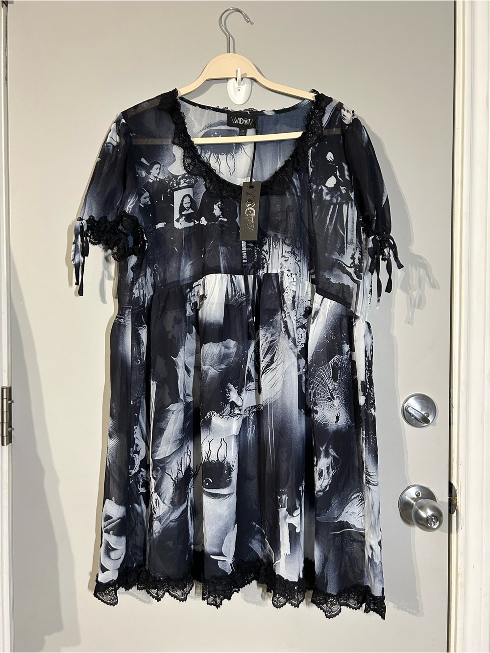 Dolls Kill Black & White Ghosts Gothic Photo-Print Sheer Mini Dress
